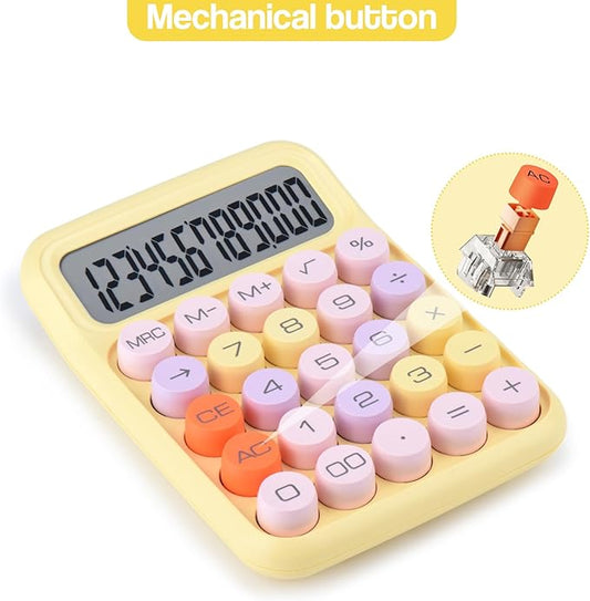 Mechanical Pushbutton Calculator,12 Digit Large LCD Display,Big Buttons Easy to Press,Colorful Candy Calculator,Automatic Sleep,with Battery.for Office,School, Home. (Yellow)