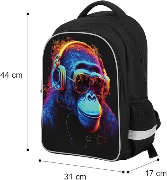 Kids Backpack, 3D Reflective Cartoon, 600D Polyester & Dual Zippers, 17" Bookbag with Ergonomic Design for boys & girls age 6-18, Gorilla Space Style for school Children Kids