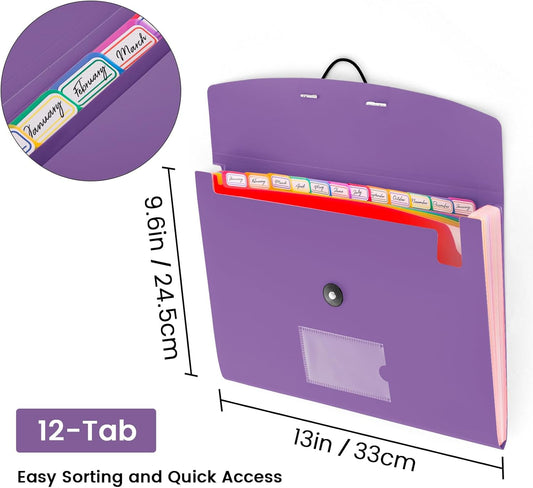 13 Pocket Accordion File Organizer with Elastic Closure, Expanding File Folder for Letter Size A4 Papers, Ideal for Home, Office Supplies, College Essentials - Purple