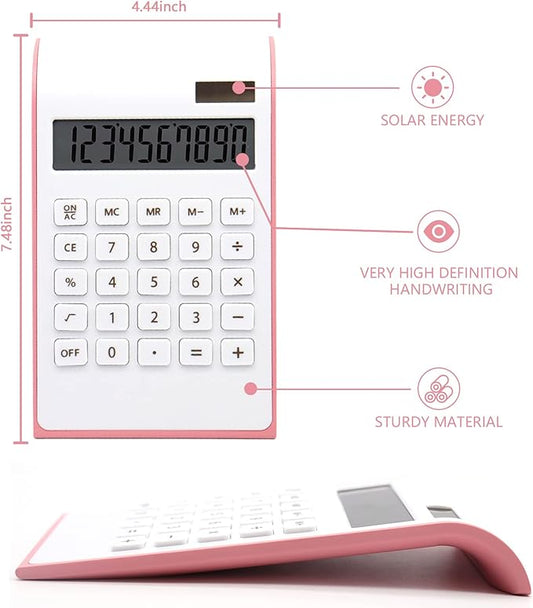 Pink Office Calculator, 10 Digits Solar Battery Basic Desktop With Large LCD Display, School and Office Supplies and Accessories