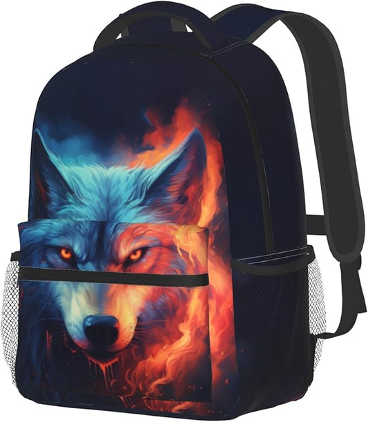 Giwawa Wolf Backpack for School, Blue Red Fire Wolf Animal Lightweight Sports Bookbags Shoulder Pack Laptop Casual Daypack Travel Bag for Women Men Boys Girls Teens Students