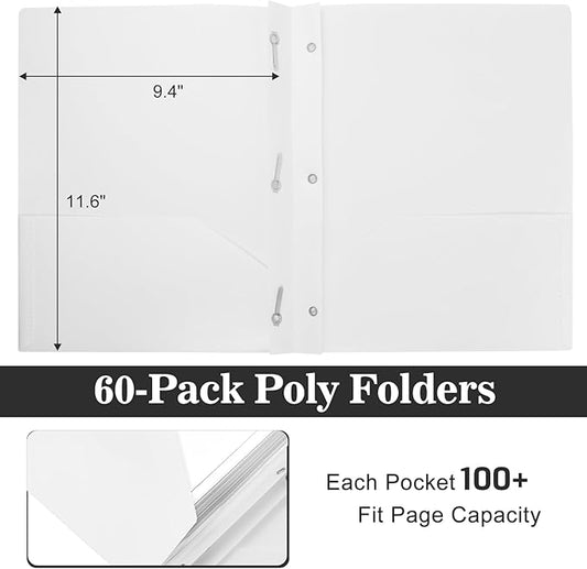 60-Pack Plastic Folders with Pockets and Prongs,2-Pocket Folders with 3 Fasteners, Poly Folders Holds 8-1/2" x 11" Paper for School/Office/Home, White