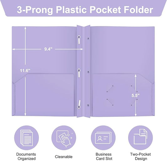 ViVin 12 Pack Heaty Duty Plastic Folders, 2 Pocket Poly File Plastics Folders with 3-Prong Fasteners, Pastel Color Plastic Folder for Letter Size Sheet, School Folder Kids Folder (Light Purple)
