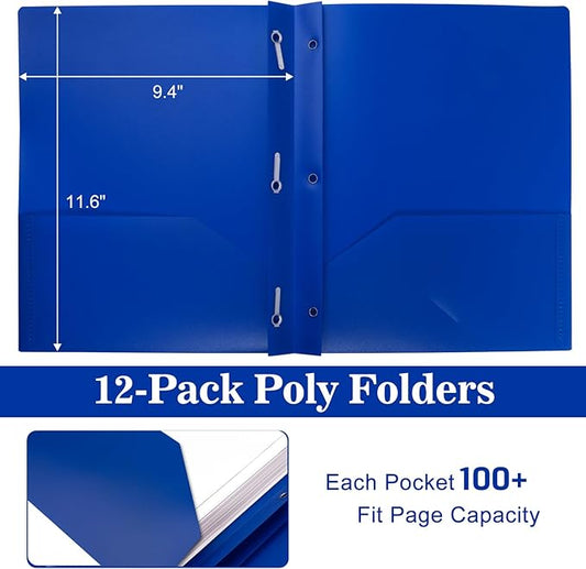 12-Pack Plastic Folders with Pockets and Prongs,2-Pocket Folders with 3 Fasteners, Poly Folders Holds 8-1/2" x 11" Paper for School/Office/Home, Blue