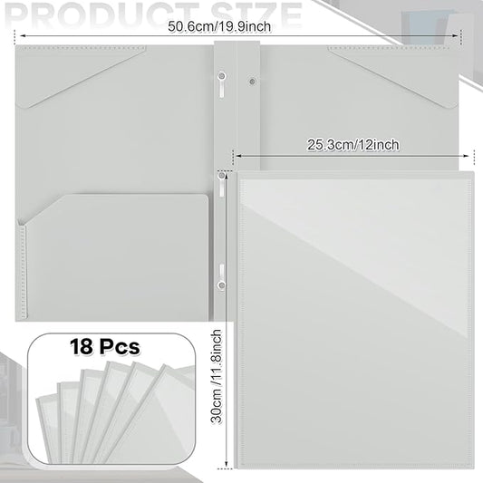 Henoyso 18 Pcs Plastic Folder with Clear Front Pocket and 3 Prong Plastic Folders with Card Slot Pocket Folders with Prongs for School Office (Gray White)