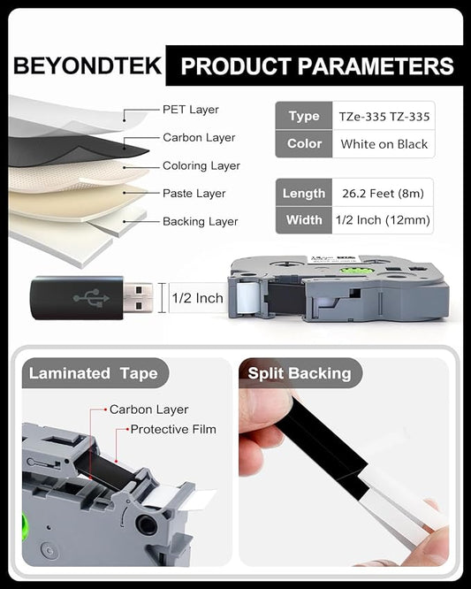 Tze-335 TZe335 Work for Brother P Touch 1/2" White on Black Label Maker Tape Compatible with Brother P Touch TZ TZe Tape 12mm 0.47 Laminated Black with P-Touch PT-H110 PT-D210 PT-D400 PT-D600,2-Pack