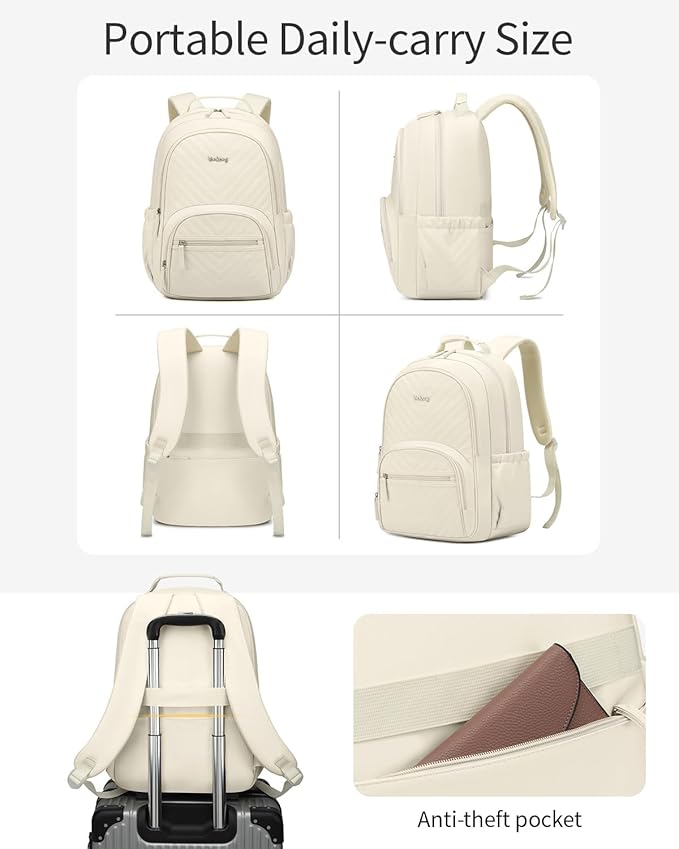 College Bookbag for Women Student, 15.6in Laptop Backpack Middle High School Bag for Teen Girls Teacher Work Commuter Travel, Beige