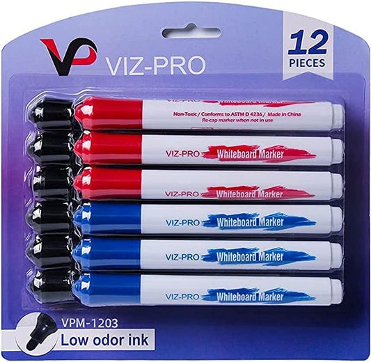 VIZ-PRO Dry Erase Markers Fine Bullet Tip, 3 Assorted Colors, 144 Pcs Low-Odor Whiteboard Pens