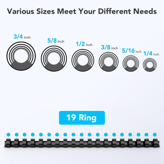 MAKEASY 150 Pack Multi-Size 19-Ring Comb Binding Spines for LTR, 1/4", 5/16", 3/8", 1/2", 5/8", 3/4", Pack of 150 Black