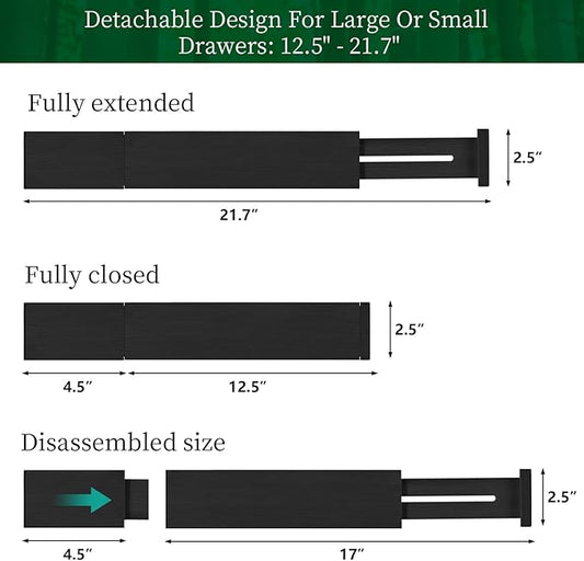 FJO 4 Pack Adjustable Bamboo Drawer Dividers - 12.5" - 21.7" Expandable Drawer Separators for Kitchen, Utensils, Clothes, Bedroom, Dresser, Bathroom (Black)
