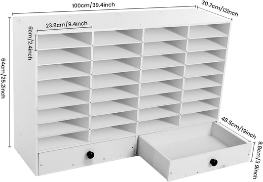 Adjustable Literature Organizer, 32 Slots File Folder Organizer Storage Rack Desktop Letter Office Cabinet 32 Compartment with 2 Drawers Paper Storage Cabinet for Classroom (32+2-Slot-White)