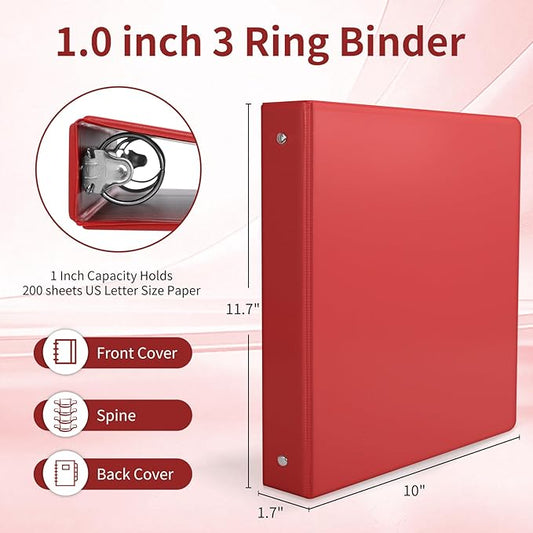 1-inch 3 Ring Binder with 2 Inside Pockets, 1'' Basic Binders Holds US Letter Size 8.5'' x 11'' Paper - Versatile Binders for Office, School and Home Use (Pack of 12, Assorted Color)
