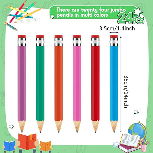 Lewtemi 24 Pcs Wooden Jumbo Pencils 14 Inch Funny Big Large Novelty Pencil Wood Cool Giant Pencil for Kids Home School Office Halloween Christmas Party Prop Gift Decor Toy, 6 Colors