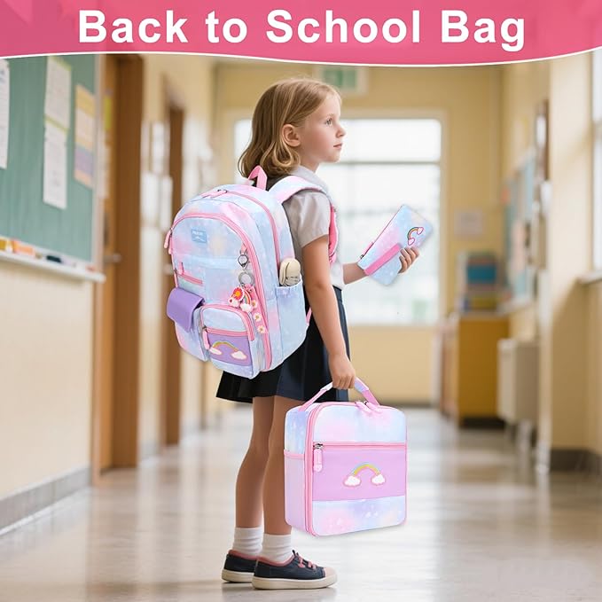 Girls Backpack Set 3 IN 1,Cute Rainbow Kids Backpack with Insulated Lunch Box Pen Case Set Student School bag(Blue-3 pieces set)