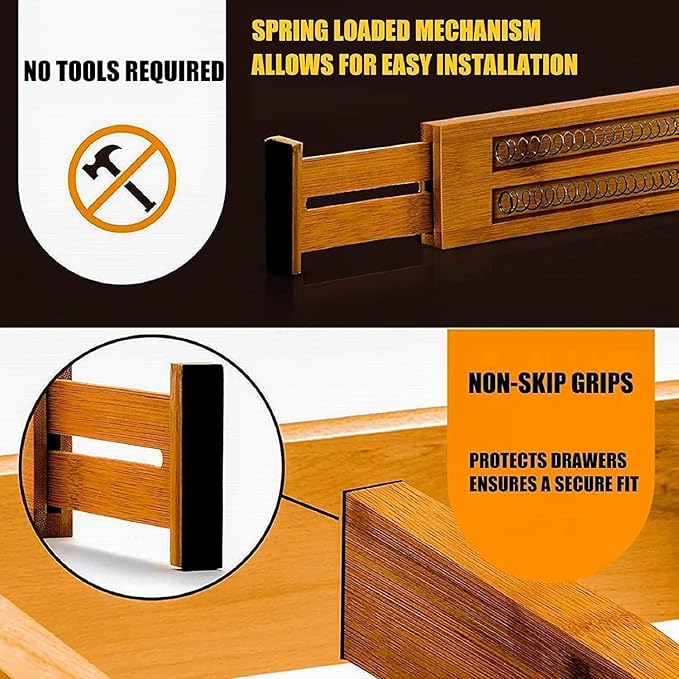 Expandable Bamboo Drawer Dividers 8 pack with labels(17"-22") Drawer Organizer for Kitchen, Clothes,Utensils,Silverware,Dresser,Office,Desk