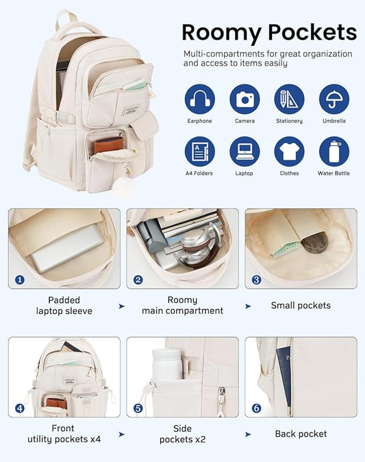 Teen Girls Backpack for School, Multi-pocket Aesthetic Middle School Book Bag College Travel Back Pack Kid Casual Laptop Backpack for Women (Beige)