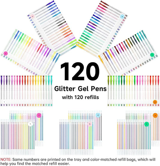 Shuttle Art 240 Pack Glitter Gel Pens, 120 Colors Glitter Gel Pen Set with 120 Refills for Adult Coloring Books Craft Doodling