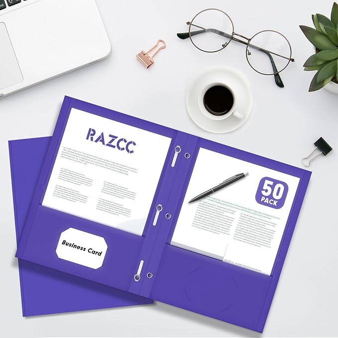 Two Pocket Folders, RAZCC 50 Pack Two Pocket Folders with Prongs, 3 Prong Folders Fit Letter Size Paper, Pocket File Folders for School Office Home Business, Purple