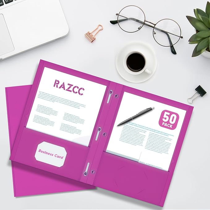 Two Pocket Folders, RAZCC 50 Pack Two Pocket Folders with Prongs, 3 Prong Folders Fit Letter Size Paper, Pocket File Folders for School Office Home Business, Rose Purple