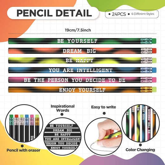 Sabary 48 Pcs Motivational Pencils Inspirational Silicone Bracelets Set Mood Pencil Motivational Quote Rubber Wristbands for Kids Teens Christmas Classroom Gifts for Students (Black Background)