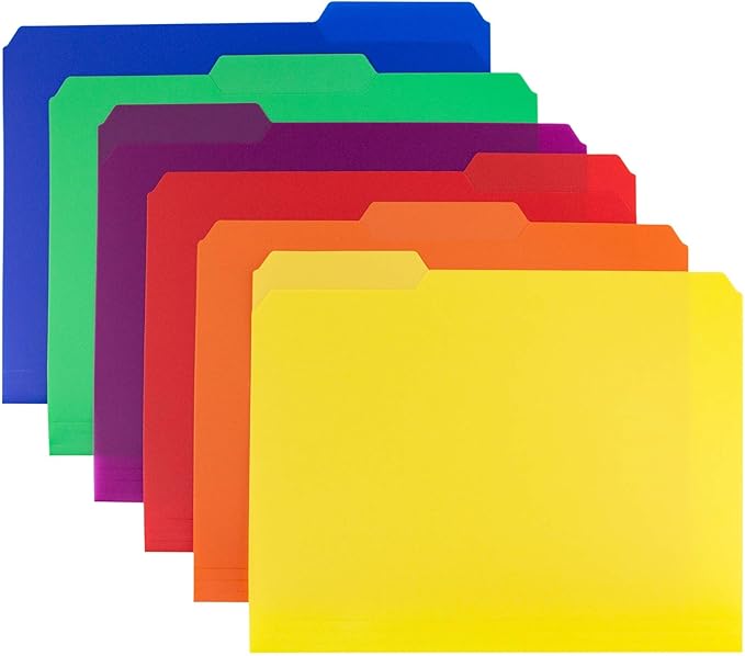 Dunwell Plastic Colored File Folders (12 Pack), 1/3 Tab Filing Folders for 8.5x11 Letter Size Documents, Assorted Colors, Acid-Free Poly, Includes Labels