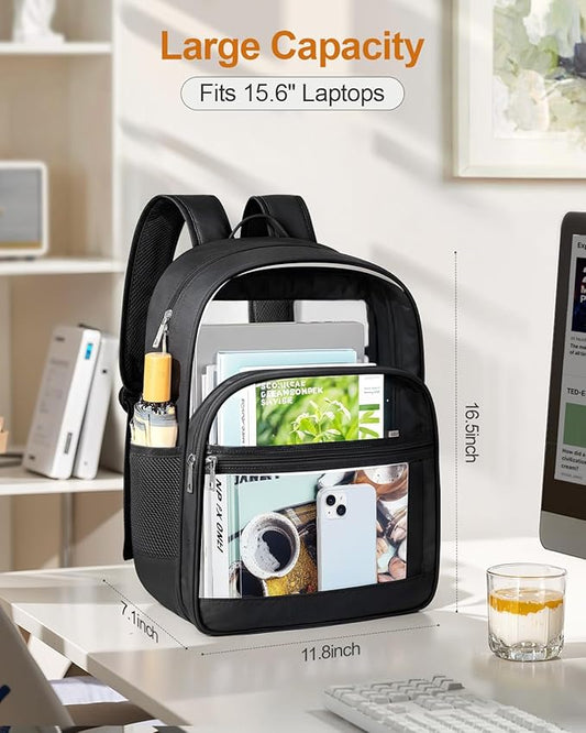 Clear Backpack, Heavy Duty Transparent Bookbag for School, Fabric & PVC Transparent Backpack with Reinforced Strap for Women Men, Capacity Clear Bag for College, Medium Black