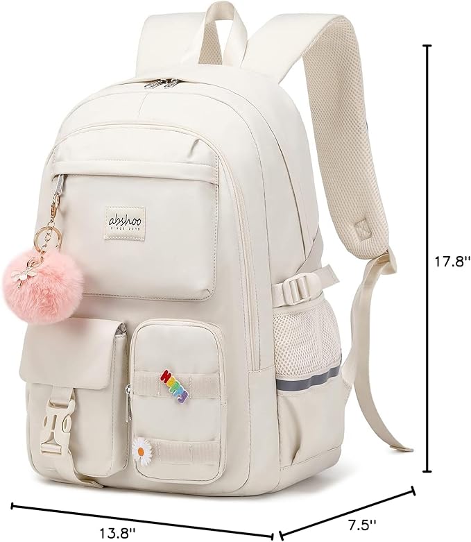 abshoo Big Student Laptop Backpack For College Women Middle High School Teen Girls Bookbag Travel Daypack (Beige)