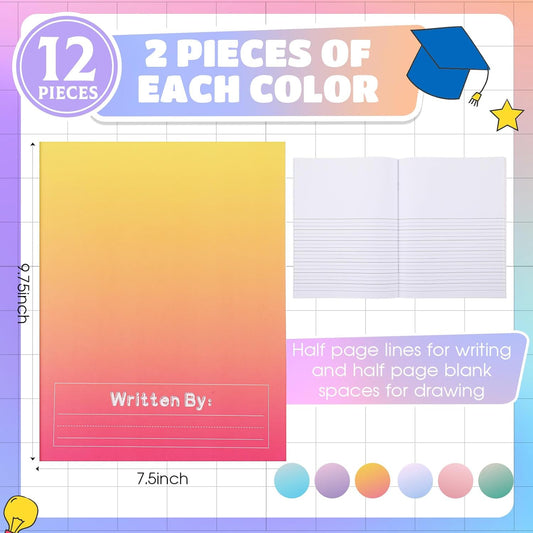 Henoyso 12 Pcs Primary Composition Notebook K-2 9 3/4 x 7 1/2 Inch Primary Journal, Back to School Supplies, Bulk Blank Writing Book for Kid to Write Draw Journal 60 Page Notebooks (Color Gradient)