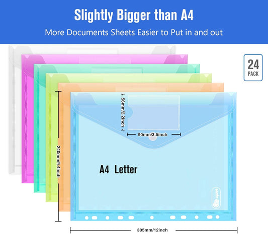 ABSOFINE 24 Pack Plastic Envelope Document Folders with Label Pocket and Snap Button for Home Work Office Organization, A4 Letter Size, Binder Pocket Folders for 11 Ring Binder, Assorted Colors