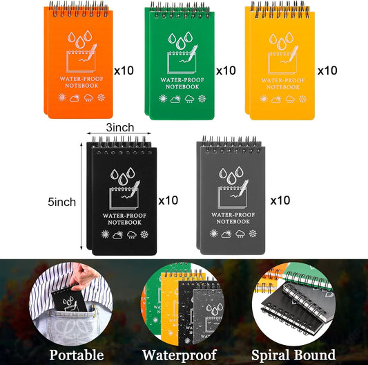 50 Pcs Waterproof Notebook Bulk, 5 x 3 Inch Pocket Notepad Top Spiral Memo All Weather Police Notebook Tactical Journal Writing Note Pad for Outdoor Activities Recording, Black Gray Blue Yellow Orange