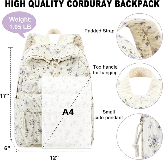 School Backpack for Teens Large Corduroy Bookbag Lightweight 15.6 inch Laptop Bag for Girls Women Casual High School College