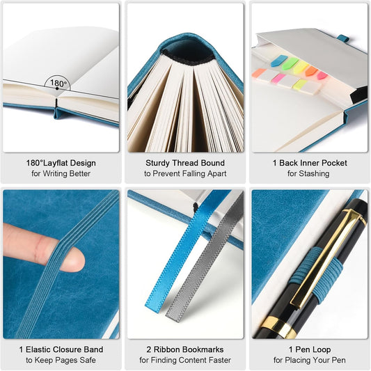 Graph Paper Notebook, 312 Numbered Pages Large A5 Hardcover Leather Journal, 100gsm No Bleed Grid Paper Notebook with Index Pages, Grid Notebook for Graphing Notes Math, 5.75" x 8.38", Blue