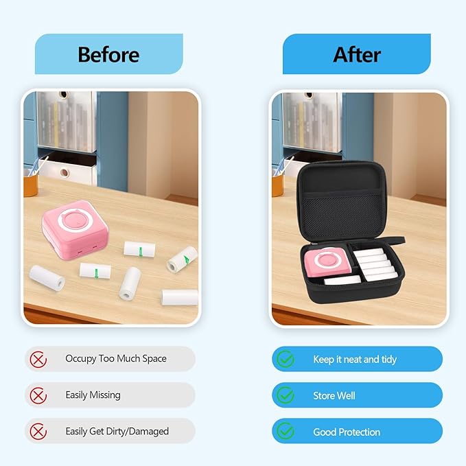 Pink Mini Pocket Printer with Black Case, Mini Thermal Printer with 10 Rolls Thermal Paper, Portable Photo Printers for Travelling, Journal, Memo, Photo, Study Notes, Shopping Lists