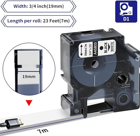 6-Pack Compatible Dymo D1 Label Tape 19mm 45803 45803s S0720830 Label Maker Refills, Black on White, 3/4 Inch x 23 Ft(7m), for Dymo LabelManager 360D 420P 450D 500TS 450 Duo Label Maker