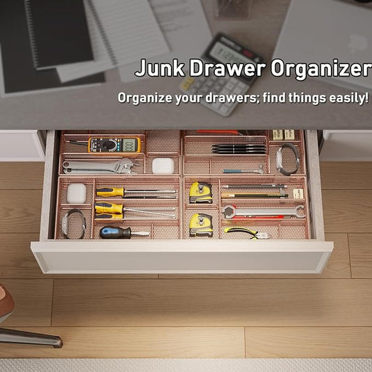 Desk Drawer Organizer Tray, Mesh Desk Organizer, Office Drawer Organizer, Desk Accessories & Workspace Organizers, Suitable for Tools, Pencils, Office Supplies Storage (Rose Gold)