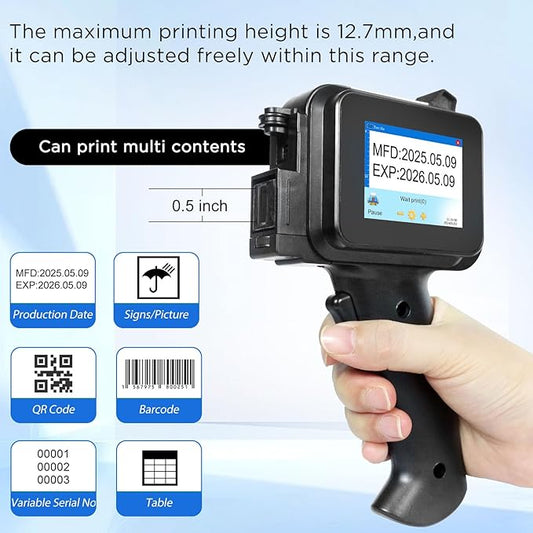 Handheld Inkjet Printer with 42ml Quick-Drying Ink Cartridge, 0.5 Inch Nozzle Ink Jet Coding Machine for EXP Date/Batch Number/QR Code/Barcode/Logo/Text (ZM-C12mini) (Black)