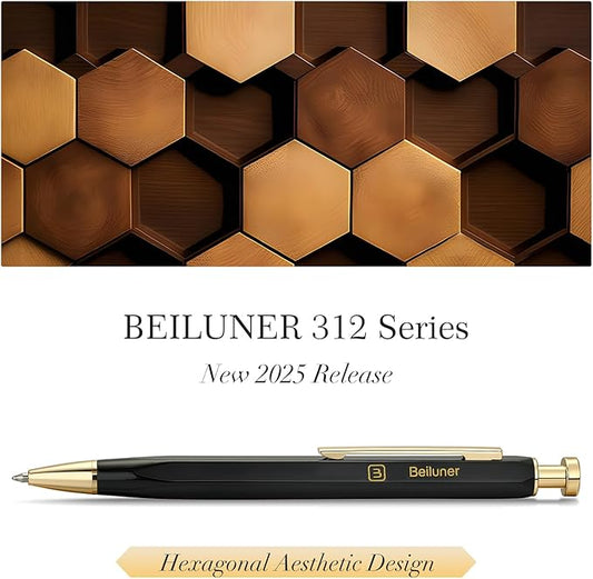 BEILUNER 312 Metal Gel Pen 0.5mm, Hexagonal Design, Black Piano Lacquer with 24K Gold Plated Accents, Includes One Refill, Professional Gel Pen Gift Box Set