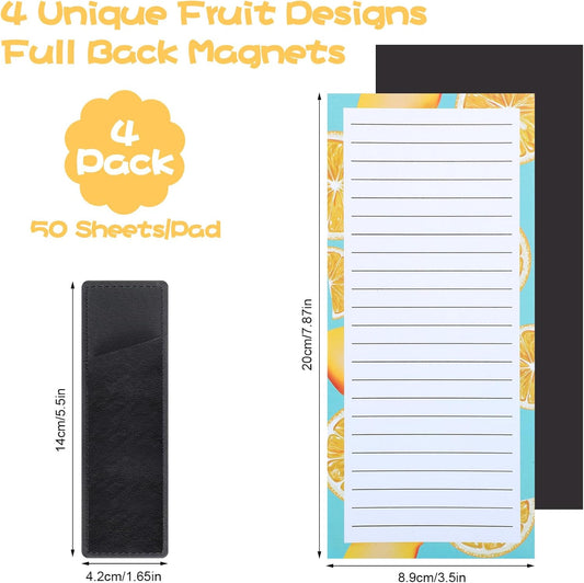 4 Pack Magnetic Note Pad for Fridge with Pen Holder, Totally 200 Sheets Grocery List Magnet Pad for Refrigerator Magnetic Shopping List Pad(Fruit Design)