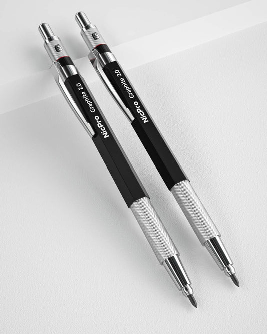 Nicpro 2mm Metal Mechanical Pencil Set, 2PCS Lead Holder 2.0 mm Marker Artist Carpenter Pencils with 120 Graphite Lead Refill (HB 2H 4H 2B 4B & Color), 2 Eraser for Drafting, Drawing Writing Sketching