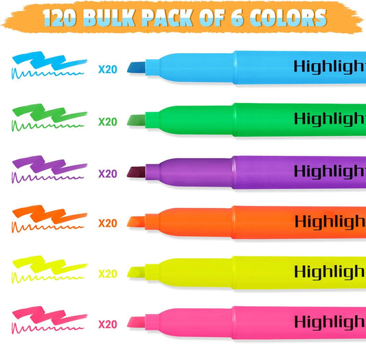 Aigybobo 120 Pack Highlighters in 6 Assorted Colors, Chisel Tip Dry-Quickly Highlighters Bulk, No Bleed Highlighter Markers for Kids Adults, Classroom Teachers Must Haves, School Office Supplies