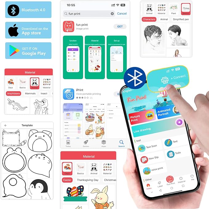 Black Mini Pocket Printer with Black Case, Mini Thermal Printer with 10 Rolls Thermal Paper, Mini Portable Photo Printers for Travelling, Journal, Memo, Photo, Study Notes, Shopping Lists