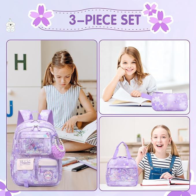 Lovely Girls Backpack School Bag for Students Kids Book Bag with Multiple Pockets Splash-proof Children's Backpack(17inch Set Purple)