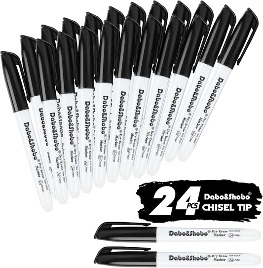 Dabo&Shobo Dry Erase Markers 24 Pack, Low Odor Black Whiteboard Markers, Chisel Tip, Perfect for Writing on Whiteboard Mirrors Glass In School, Office&Home…