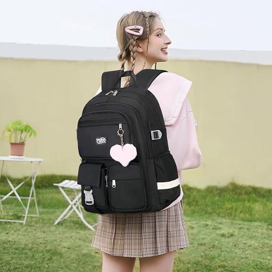 3PCS School Backpack For Student Women College Middle High Teen Girls Bookbag Waterproof Laptop Bag Black