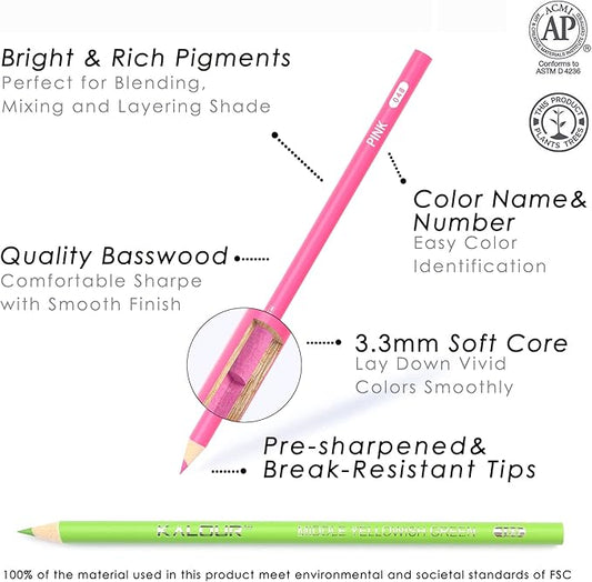 KALOUR 180 Colored Pencil Set for Adults Artists - Rich Pigment Soft Core -12 Metallic Pencil - Ideal for Coloring Drawing Sketching Shading Blending - Vibrant Color(Tin Case)