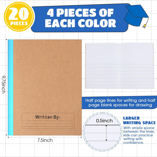 Henoyso 20 Pcs Primary Composition Notebook 9 3/4 x 7 1/2 Inch Kids Journal, Back to School Supplies, K-2 Primary Writing Notebook for Kids Student Draw and Write Story Journal (Blue)