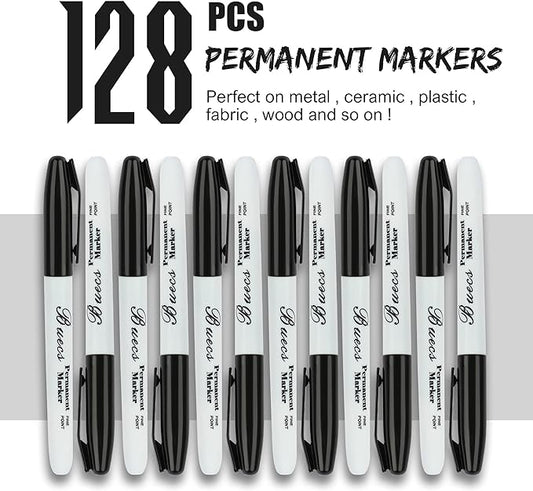 Permanent Markers, 128 Count Black Permanent Markers, Fine Point, Waterproof & Smear Proof Markers, Quick Drying, Office Supplies for School, Office, Home