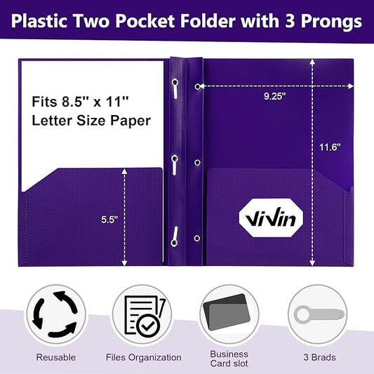 ViVin Sturdy Plastic Folder with Pockets, 10 Pack, 2 Pocket Folders with Prongs, Fits Letter Size Paper, 3 Prong Folders with Pockets, for School Office and Home - Purple