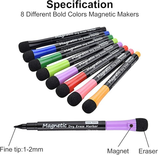 16 Pack Magnetic Dry Erase Markers - Fine Tip (8 Colors) Low Odor Whiteboard Markers for Kids & School, for Whiteboard, Calendar, Refrigerator
