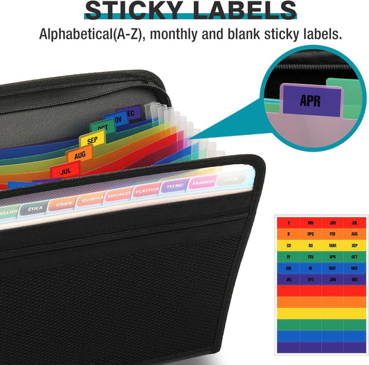 H4D Zippered Accordion File Organizer with Front Mesh Pouch, 13 Pocket Expanding File Folder, Fit for Documents Letter Size A4 Papers, Black
